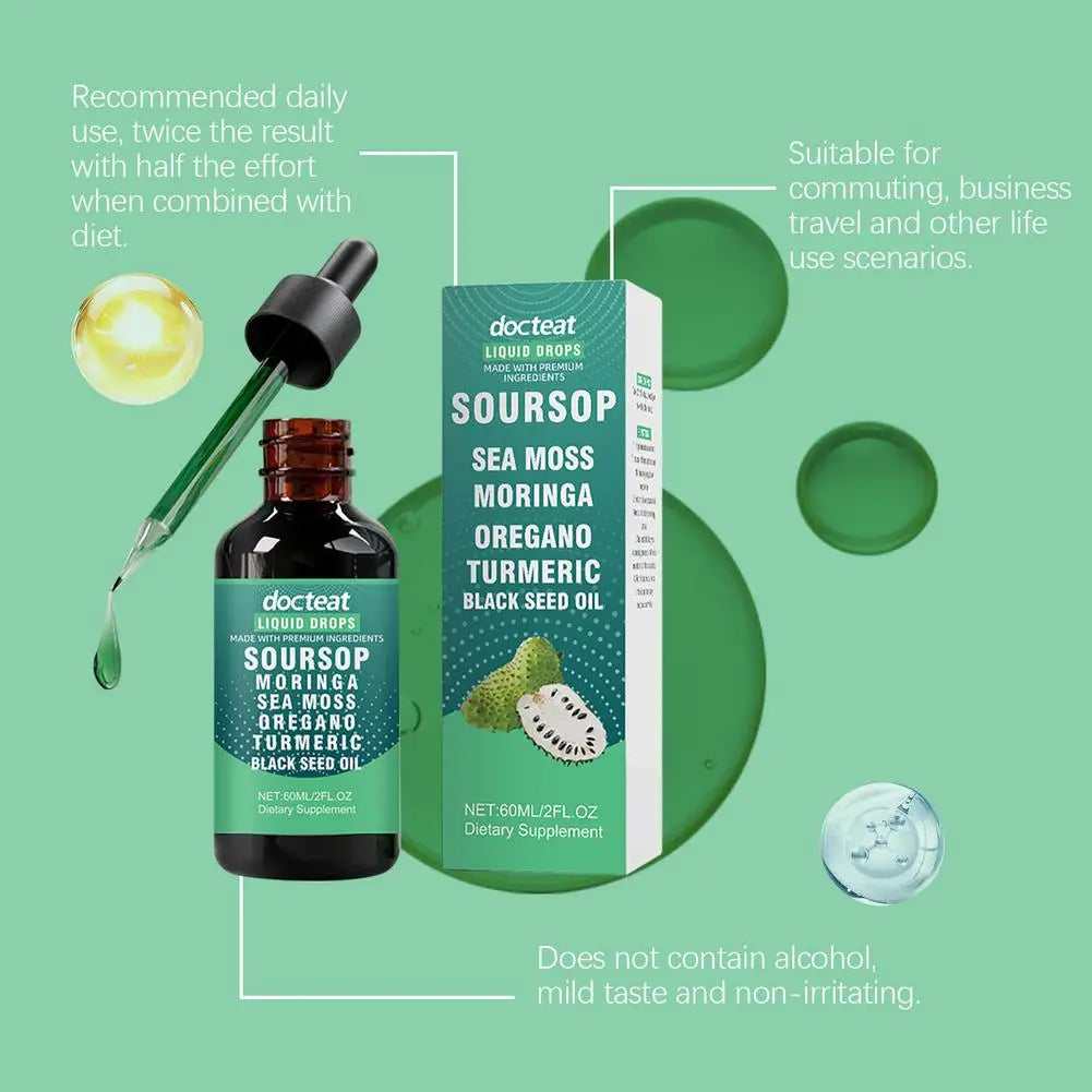 Natural Soursop Extract Drops High Antioxidant Immune Support Pure Concentrated Formula All Ages Use Easy to Mix Water